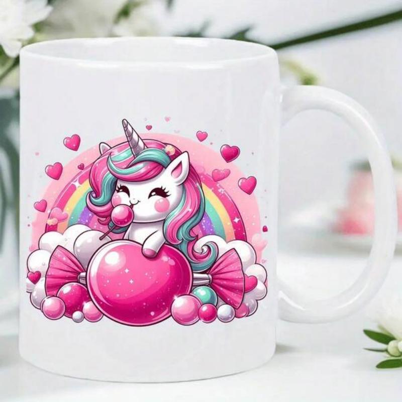 Tailorly White Ceramic 11 oz Mug - Adorable Magical Creature Surrounded By Pastel Clouds And Sweet Radiant Rainbow Unicorn