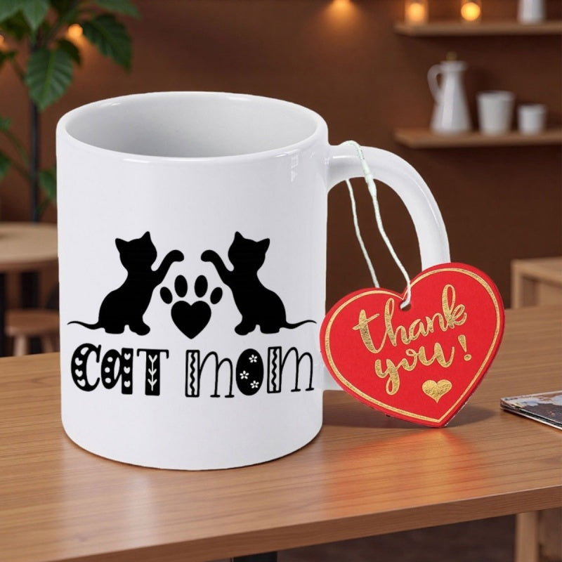 Tailorly White Ceramic 11 oz Mug - Cat Mom Thank You Two Playful Kittens Reaching Toward A Heart Shaped Paw Print Design Cat