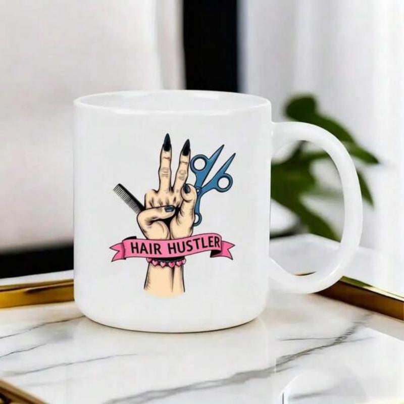 Tailorly White Ceramic 11 oz Mug - Hair Hustler Professional Barber Tools Held By Stylist Hand With Pink Banner Scissor