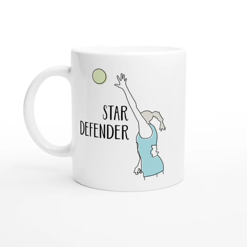 Tailorly White Ceramic 11 oz Mug - Star Defender Graceful Athletic Woman Reaching For A High Floating Ball Player