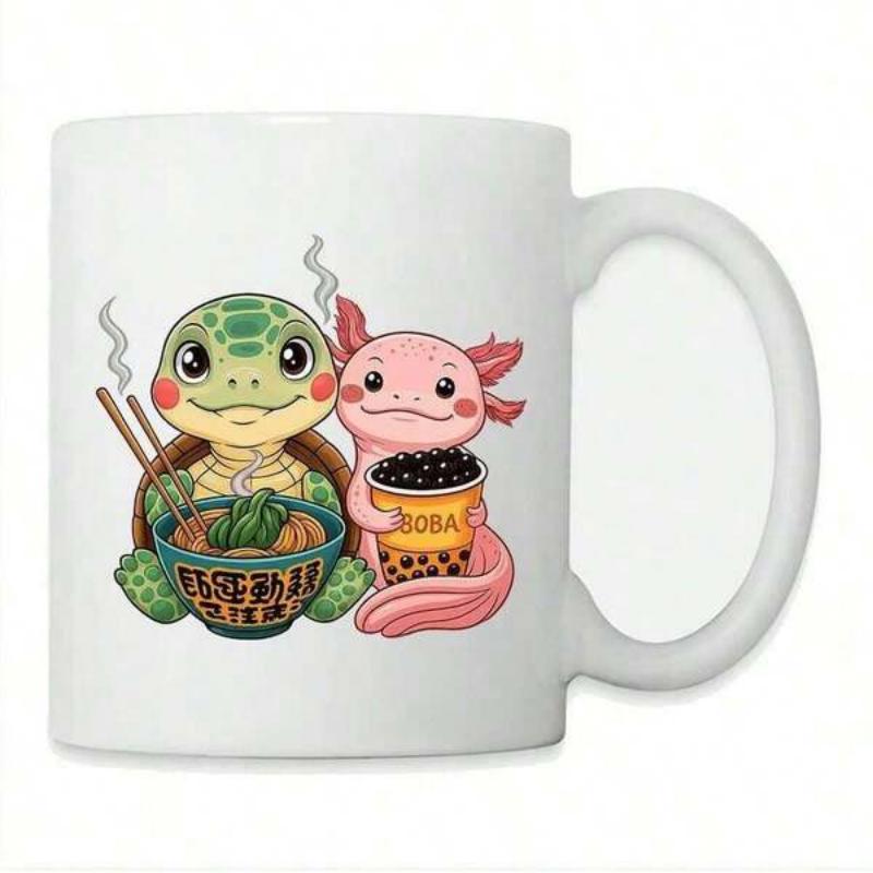 Tailorly White Ceramic 11 oz Mug - Boba Adorable Green Turtle And Pink Axolotl Sharing Hot Ramen Noodles Axolotl