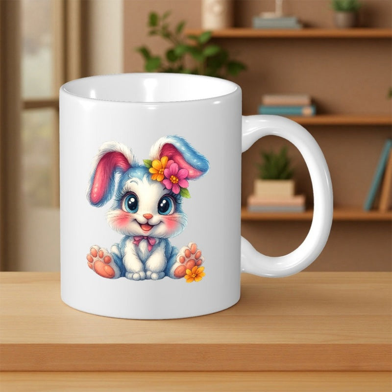 Tailorly White Ceramic 11 oz Mug - Adorable Sitting Blue Bunny With Pink Ears And Spring Flowers Rabbit