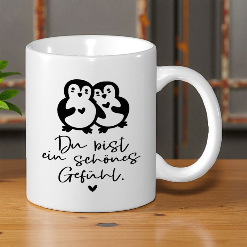 Tailorly White Ceramic 11 oz Mug - Cute Stylized Black And White Birds Standing Together With Tiny Hearts Penguin