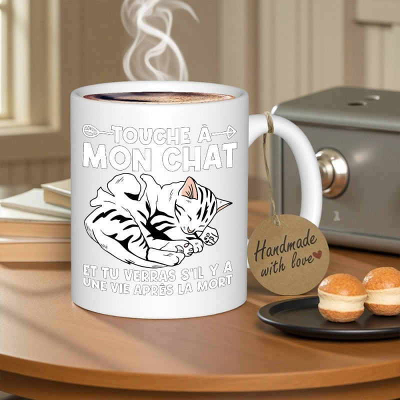 Tailorly White Ceramic 11 oz Mug - Sleeping Striped Feline Resting Peacefully On A Cat