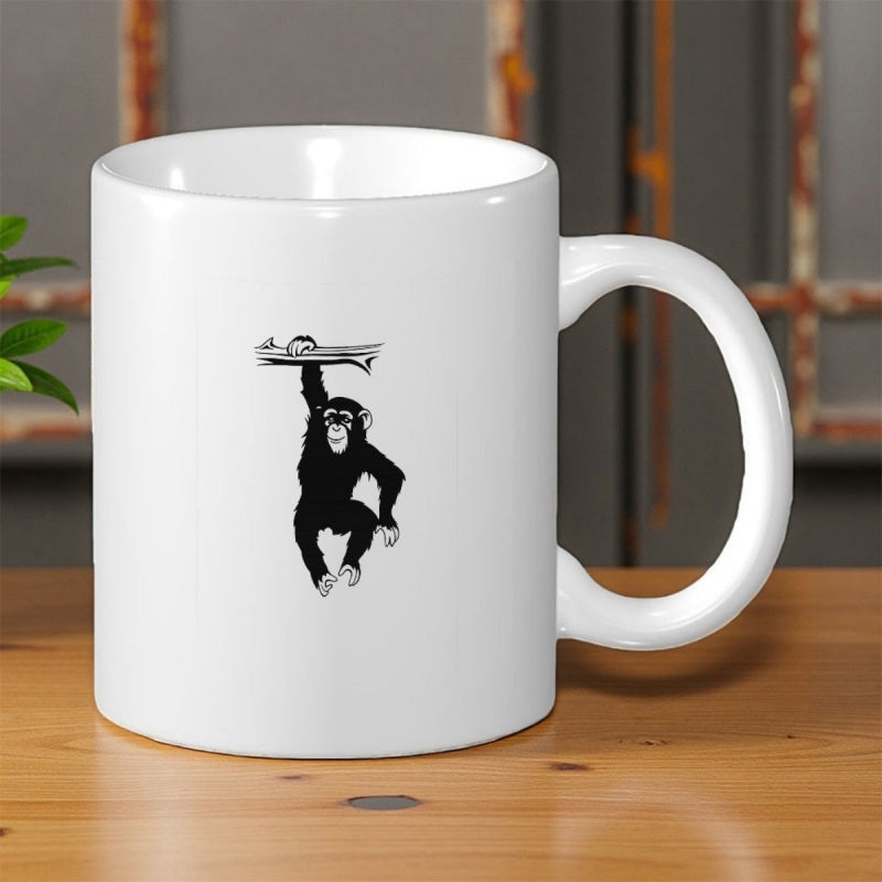 Tailorly White Ceramic 11 oz Mug - Artistic Black And White Primate Hanging Gracefully From A Thin Tree Branch Chimpanzee