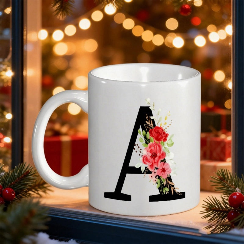 Tailorly White Ceramic 11 oz Mug - A Elegant Black Serif Style Adorned With Vibrant Red Blooming Floral Roses Letter