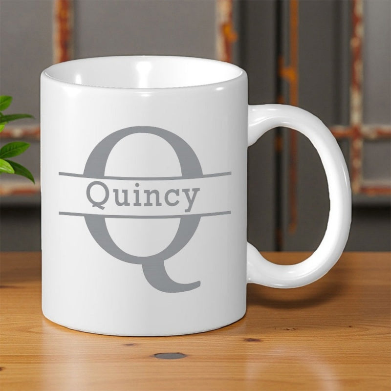 Tailorly White Ceramic 11 oz Mug - Quincy Elegant Split Letter Monogram Personalised For Home Kitchen Use Mug