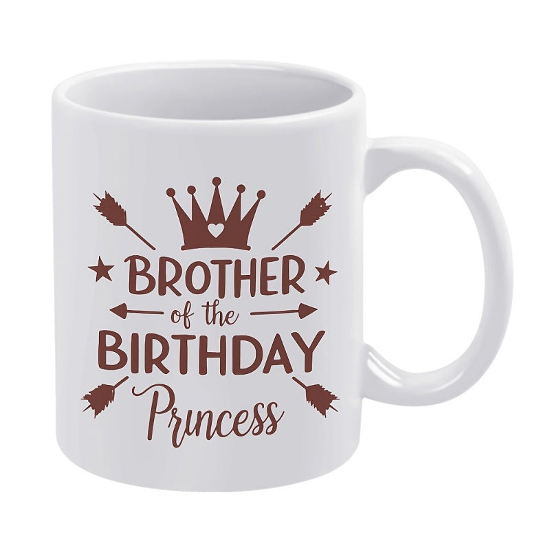 Tailorly White Ceramic 11 oz Mug - Brother Of The Birthday Princess Regal Royal Ornament Featuring Symbolic Arrows And Small Heart Motif Crown