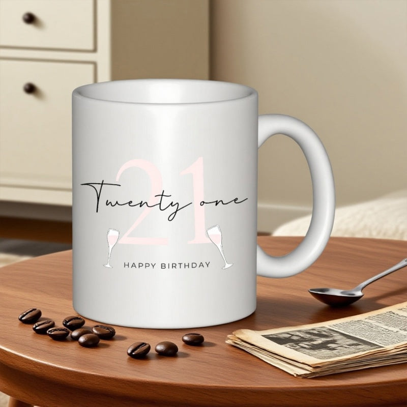 Tailorly White Ceramic 11 oz Mug - Twenty One Happy Birthday Elegant Pink Numeric Background With Stylish Script Handwriting Mug