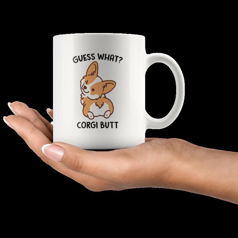 Tailorly White Ceramic 11 oz Mug - Guess What Corgi Butt Playful Cartoon Animal With Orange Fur Looking Over Its Shoulder Corgi