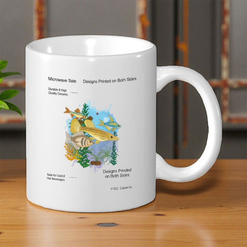 Tailorly White Ceramic 11 oz Mug - Microwave Safe Designs Printed On Both Sides Colorful Tropical Species Swimming Gracefully Among Vibrant Green Seaweed And