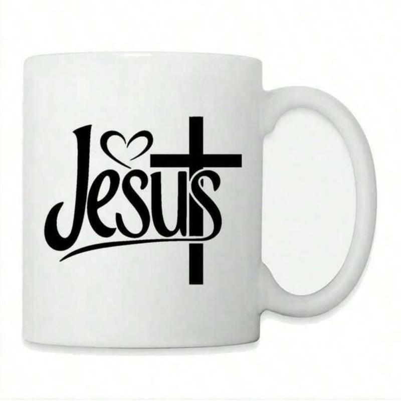 Tailorly White Ceramic 11 oz Mug - Jesus Elegant Black Typographic Script Integrated With A Symbolic Heart And Holy Cross
