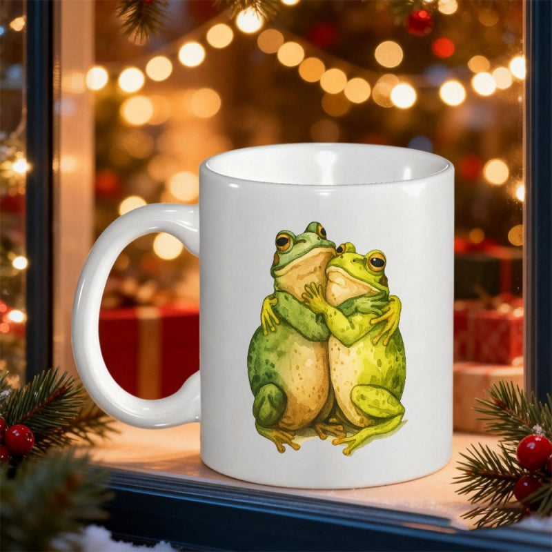 Tailorly White Ceramic 11 oz Mug - Two Adorable Green Watercolor Style Creatures Hugging In A Warm Friendship Frog