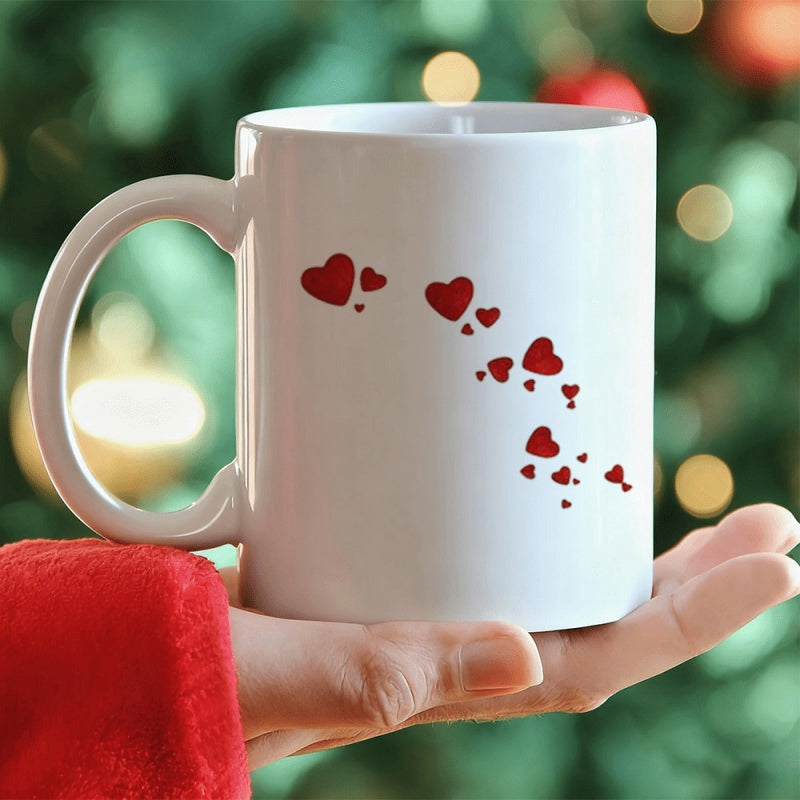 Tailorly White Ceramic 11 oz Mug - Floating Delicate Red Hearts Scattered Across A Minimalist Clean White Surface Heart