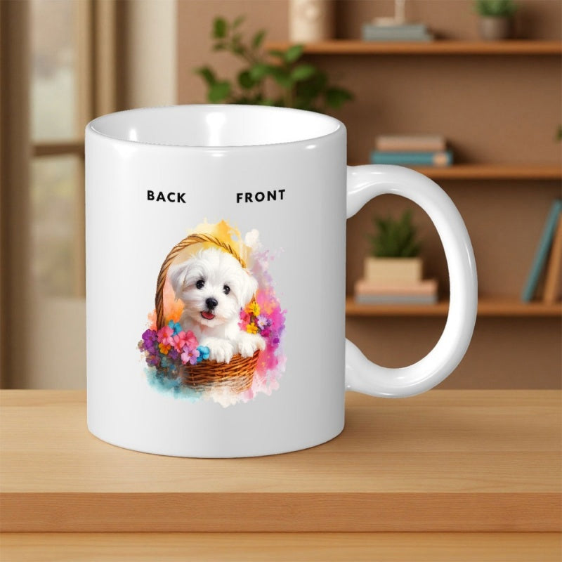 Tailorly White Ceramic 11 oz Mug - Back Front Fluffy White Small Dog Resting Inside Basket With Vivid Floral Watercolor Puppy