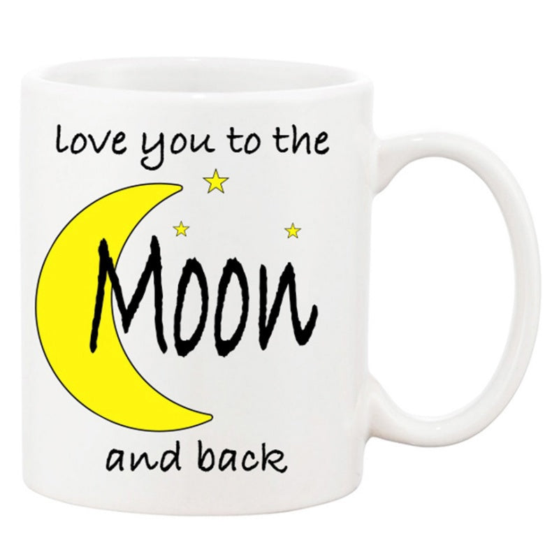 Tailorly White Ceramic 11 oz Mug - Love You To The Moon And Back Bright Yellow Crescent Shape Among Small Twinkling Stars Moon