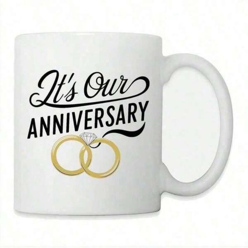 Tailorly White Ceramic 11 oz Mug - Its Our Anniversary Two Golden Interlocking Marriage Bands With A Tiny Sparkling Diamond Rings
