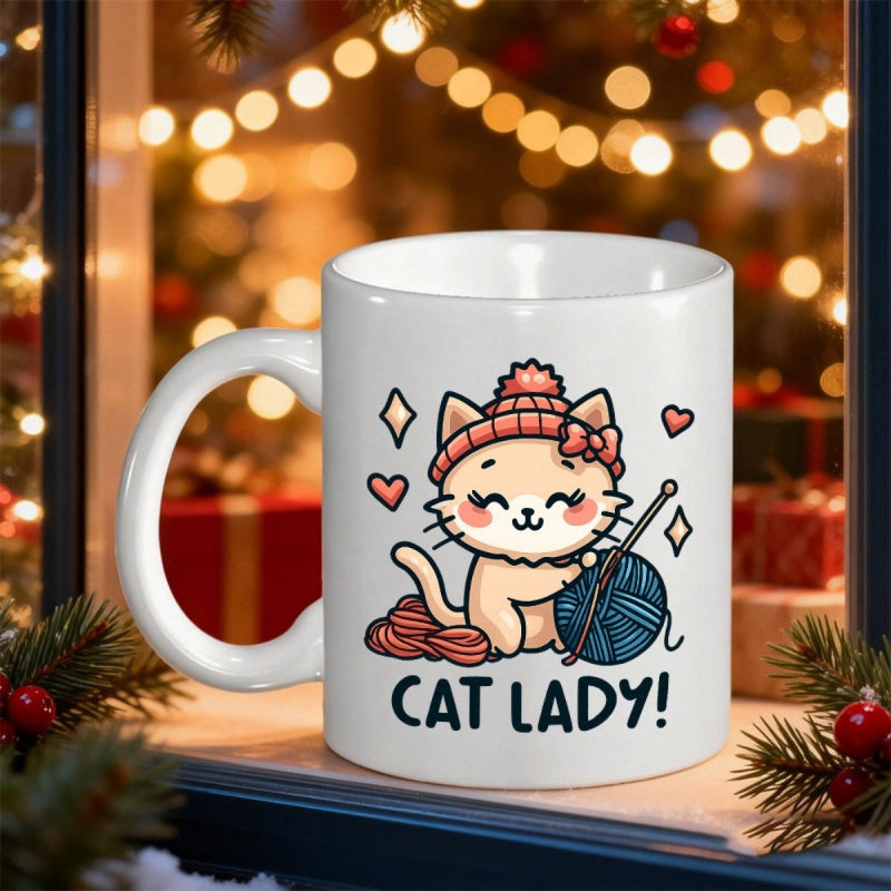 Tailorly White Ceramic 11 oz Mug - Cat Lady Adorable Cartoon Kitten Wearing Pink Beanie Playing With Blue Yarn Ball Cat