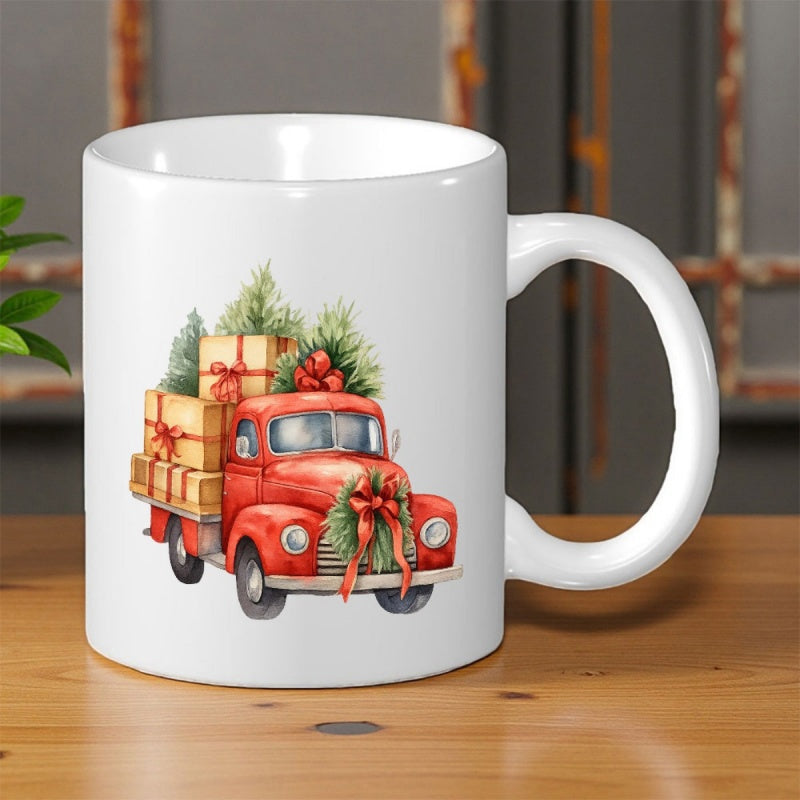Tailorly White Ceramic 11 oz Mug - Vintage Red Pickup Carrying Evergreen Christmas Trees And Festive Gift Boxes Truck