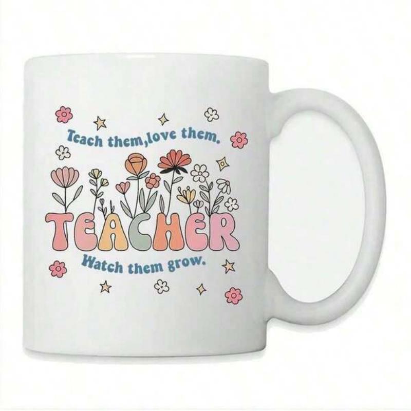 Tailorly White Ceramic 11 oz Mug - Teach Them Love Them Teacher Watch Them Grow Colorful Retro Hand Drawn Botanical Elements And Blooming Spring Meadow Wildflower