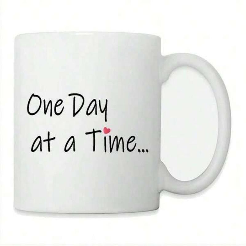 Tailorly White Ceramic 11 oz Mug - One Day At A Time Minimalist White Backdrop Featuring Elegant Handwritten Typography And Tiny Pink Heart Mug