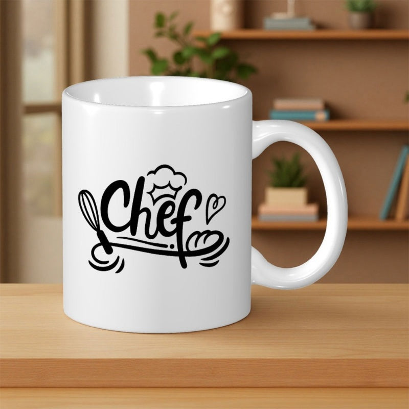 Tailorly White Ceramic 11 oz Mug - Chef Minimalist Kitchen Themed Art Featuring A Whisk And Hat Design