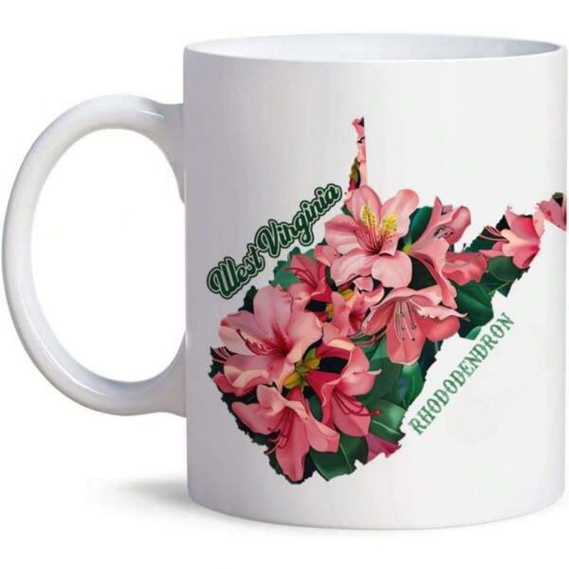 Tailorly White Ceramic 11 oz Mug - West Virginia Rhododendron Delicate Pink Flowers Blooming Within The Geographic Shape Of The State Rhododendron