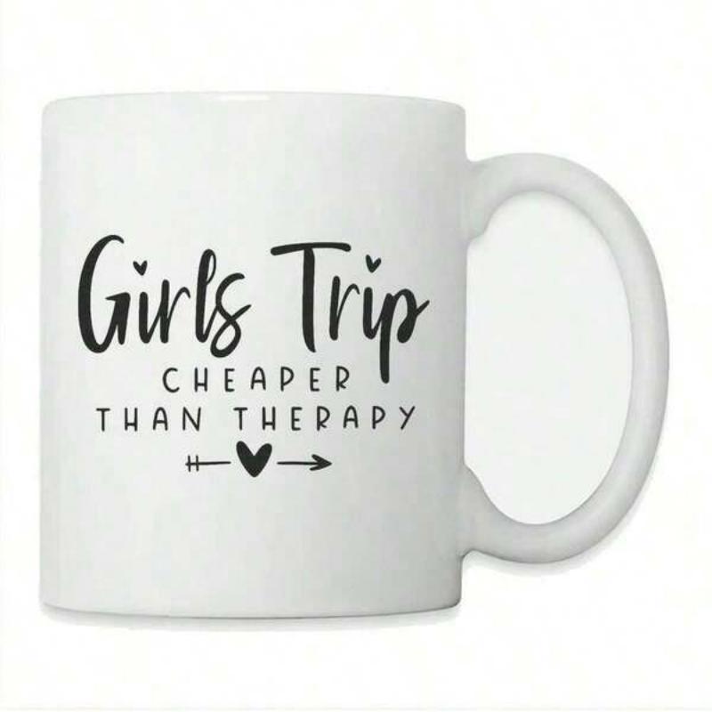 Tailorly White Ceramic 11 oz Mug - Girls Trip Cheaper Than Therapy Sleek Minimalist Black Script Design Featuring Small Hearts And Decorative Arrow Mug