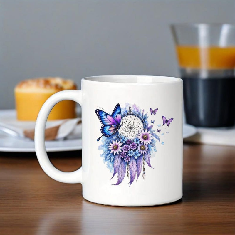Tailorly White Ceramic 11 oz Mug - Vibrant Purple Flowers And Blue Butterflies Dancing Around A Delicate Dreamcatcher