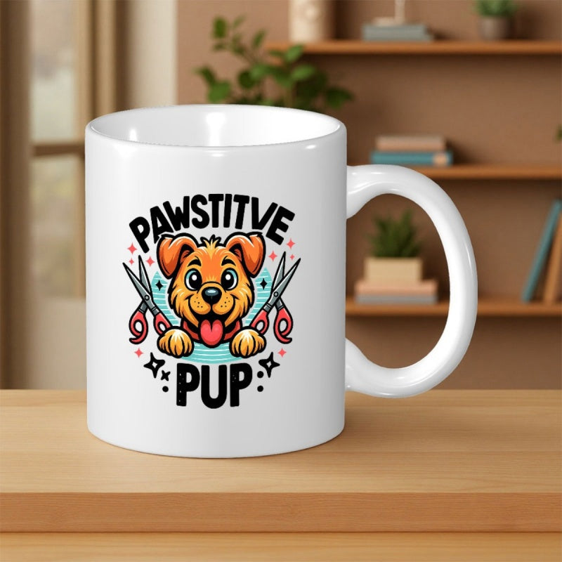 Tailorly White Ceramic 11 oz Mug - Pawstitive Pup Happy Cartoon Puppy Face Framed By Grooming Scissors And Decorative Elements Dog