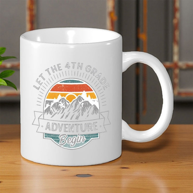 Tailorly White Ceramic 11 oz Mug - Let The 4th Grade Adventure Begin Vintage Retro Style Sun Behind Snow Capped Peaks Within Circular Border Mountain
