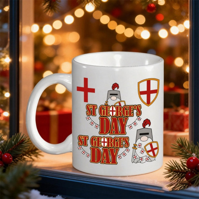 Tailorly White Ceramic 11 oz Mug - St Georges Day Whimsical Little Gnome Knight Holding A Shield With Patriotic Red Crosses Gnome