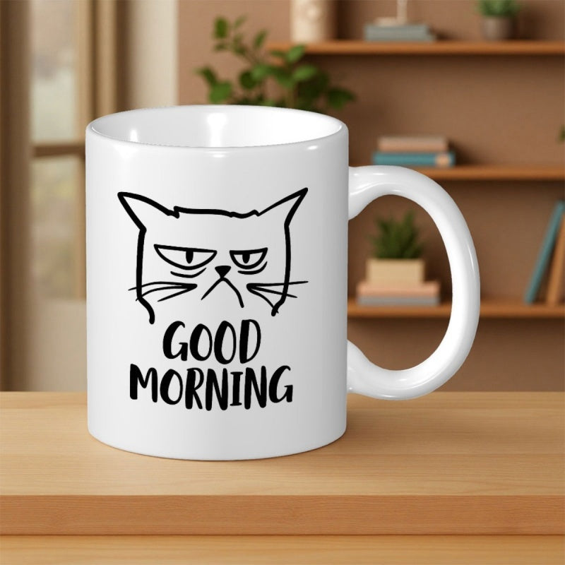 Tailorly White Ceramic 11 oz Mug - Good Morning Grumpy Facial Expression With Narrowed Eyes And Whiskers In Minimalist Line Art Cat