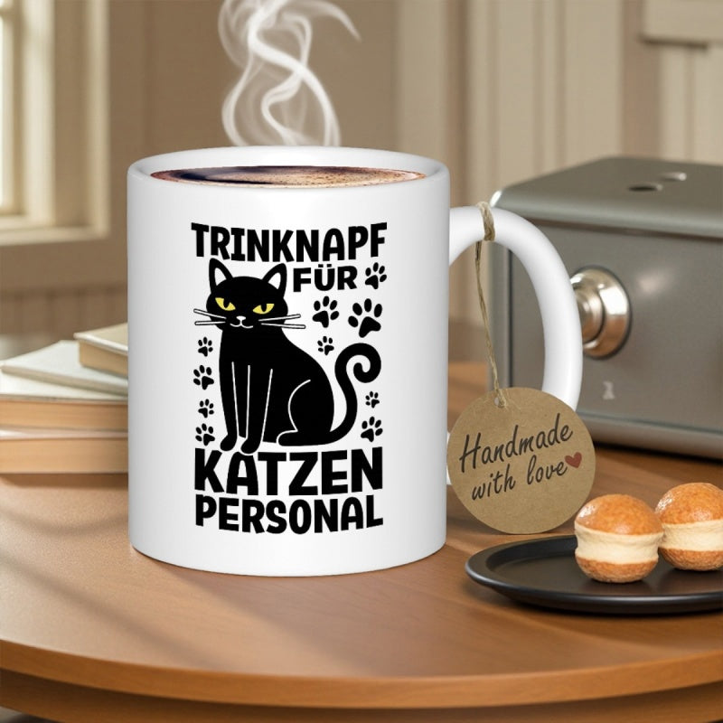 Tailorly White Ceramic 11 oz Mug - Handmade With Love Minimalist Black Sitting Feline Silhouette With Cute Tiny Little Paw Prints Cat