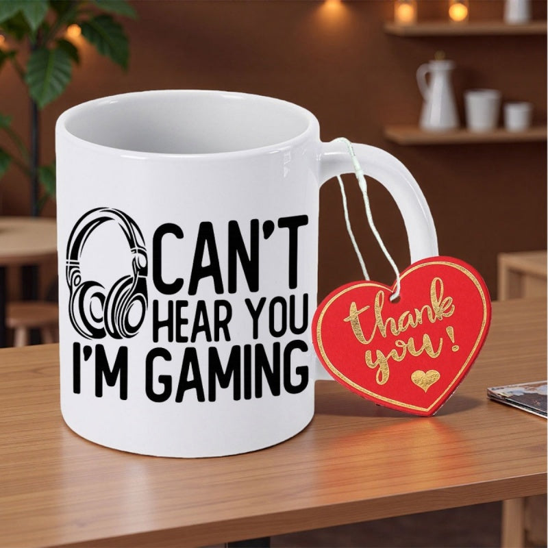 Tailorly White Ceramic 11 oz Mug - Can't Hear You I'm Gaming Minimalist Black Line Art Headset For Dedicated Professional Video Gamers Headphone