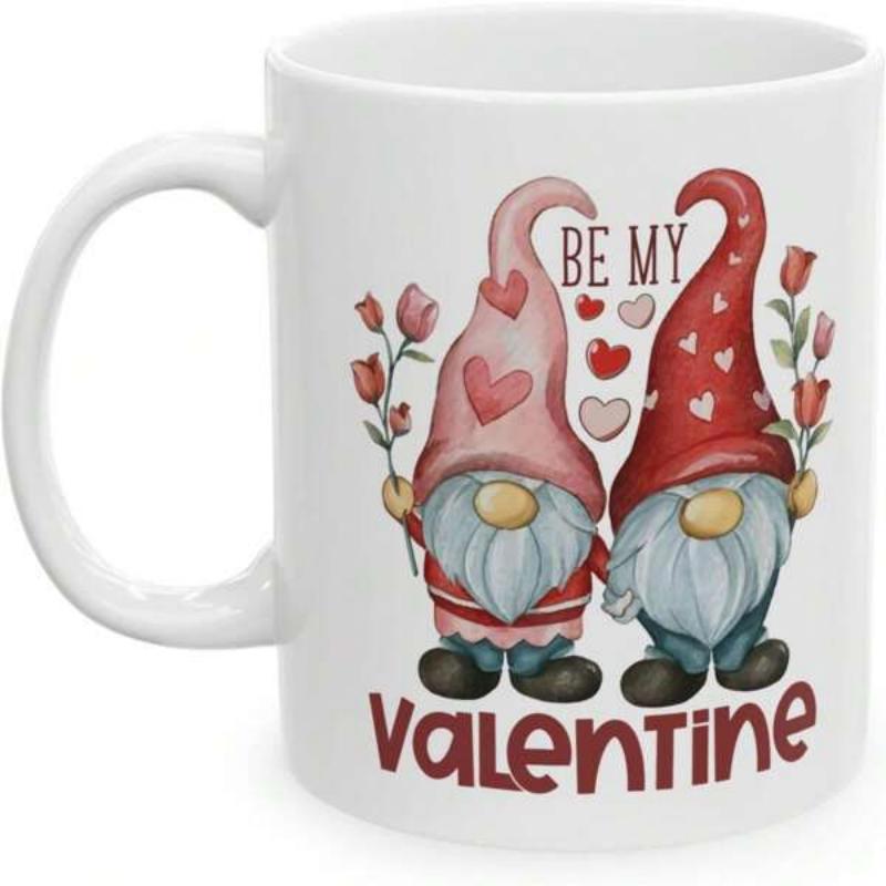 Tailorly White Ceramic 11 oz Mug - Be My Valentine Two Charming Romantic Figures Holding Beautiful Tulip Flowers And Hearts Gnomes