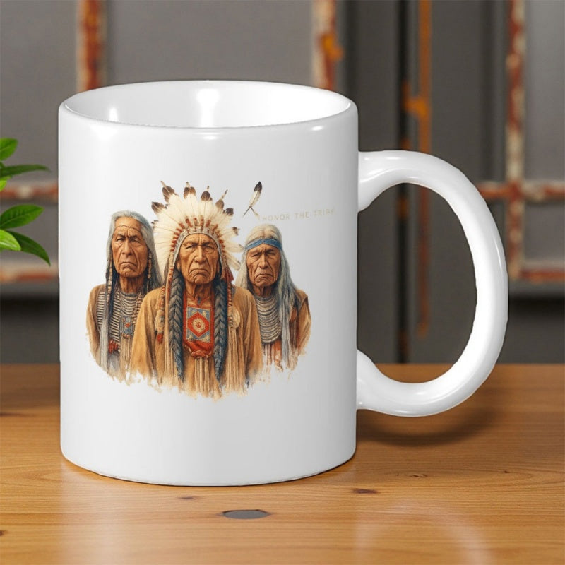 Tailorly White Ceramic 11 oz Mug - Three Traditional Native American Elders Wearing Feathered Headdress Standing In Frontal View Chiefs