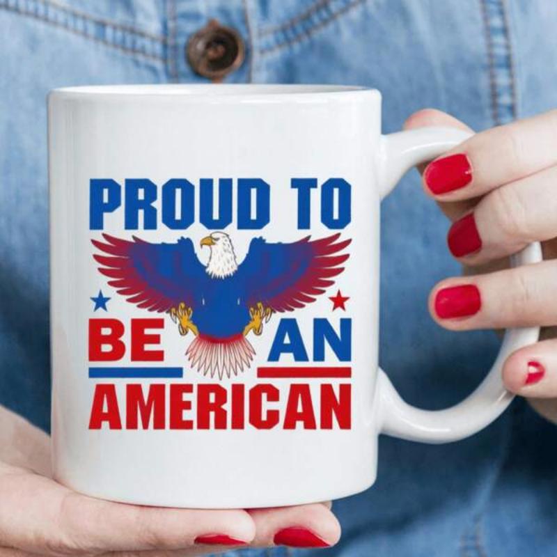 Tailorly White Ceramic 11 oz Mug - Proud To Be An American Majestic Patriotic Wings Spread Wide Among Red Blue Stars Eagle