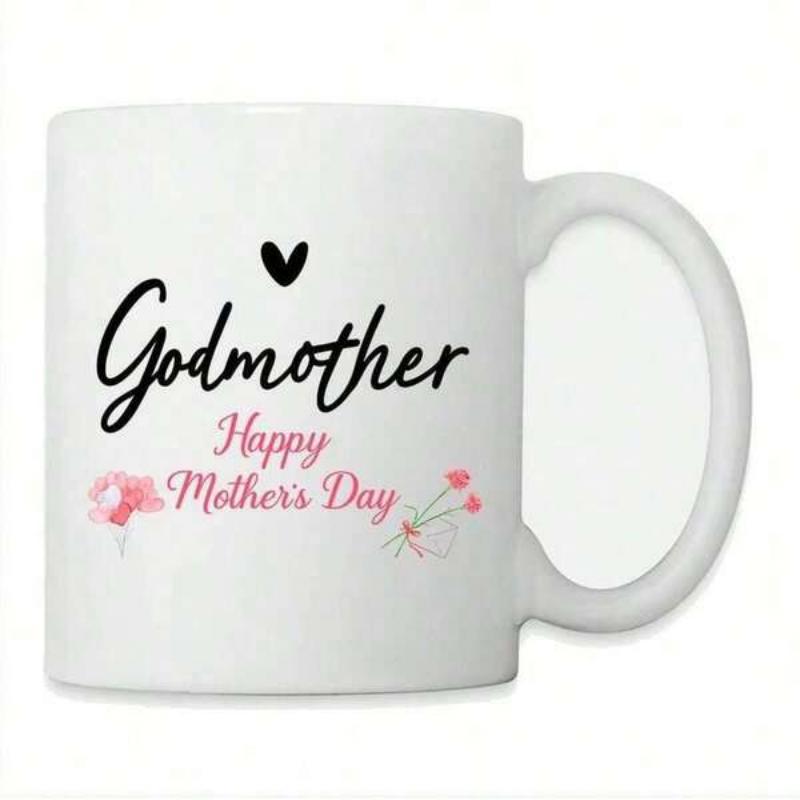 Tailorly White Ceramic 11 oz Mug - Godmother Happy Mothers Day Elegant Script Text Featuring A Tiny Heart And Delicate Pink Carnations Mug