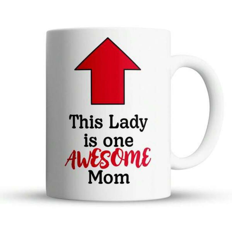 Tailorly White Ceramic 11 oz Mug - This Lady Is One Awesome Mom Bold Red Directional Sign Pointing Upwards In Simple Solid Geometric Style Arrow