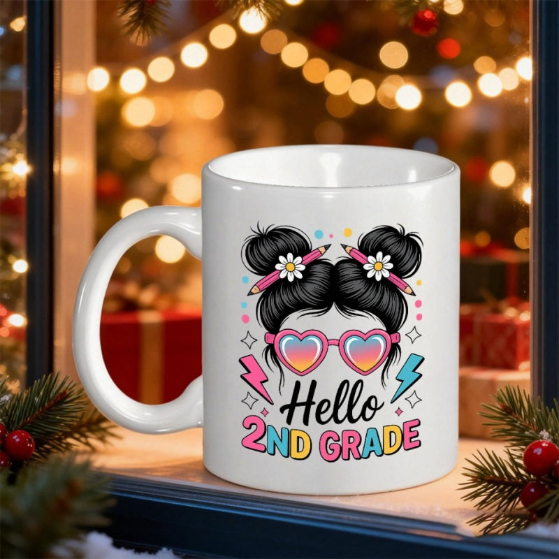 Tailorly White Ceramic 11 oz Mug - Hello 2nd Grade Stylized Messy Bun Girl With Pencils Wearing Heart Sunglasses And Stars Mug