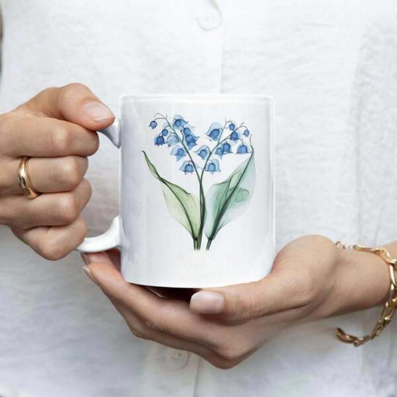 Tailorly White Ceramic 11 oz Mug - Watercolor Blue Flowers With Soft Green Leaves Lily Of The Valley