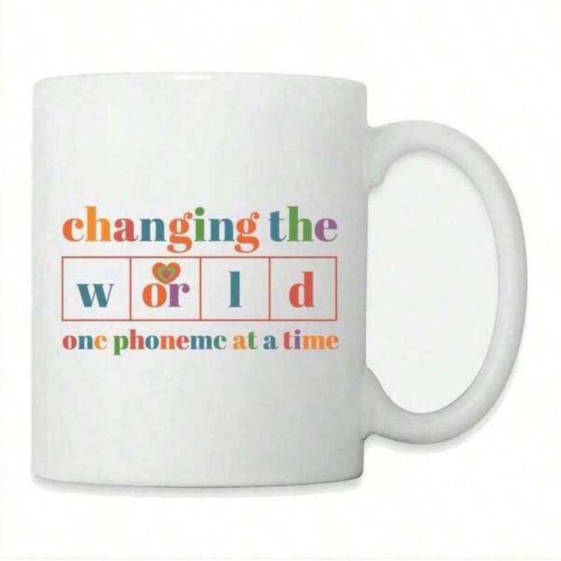 Tailorly White Ceramic 11 oz Mug - Changing The World One Phoneme At A Time Colorful Letters Placed Inside Small Grid Boxes Featuring Tiny Heart Typography