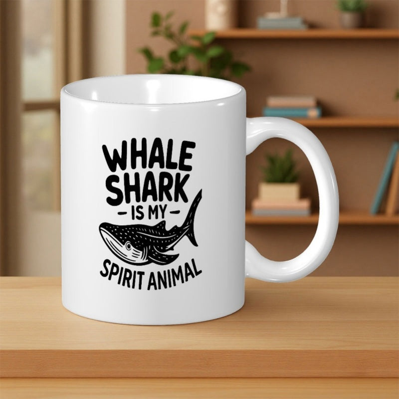 Tailorly White Ceramic 11 oz Mug - Whale Shark Is My Spirit Animal Detailed Artistic Black And White Dotted Marine Giant Swimming Whale Shark