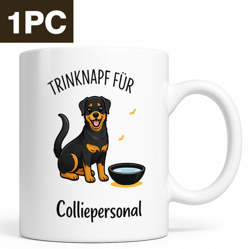 Tailorly White Ceramic 11 oz Mug - Cute Cartoon Rottweiler Sitting Calmly Beside A Small Water Bowl Dog