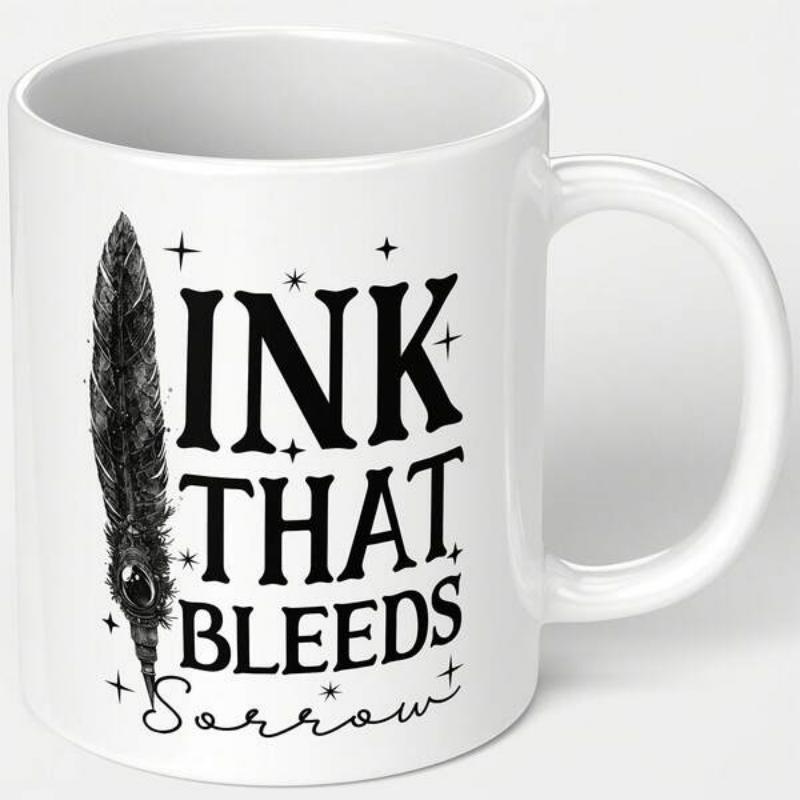 Tailorly White Ceramic 11 oz Mug - Ink That Bleeds Sorrow Vertical Dark Quill Pen Surrounded By Small Twinkling Magic Stars Feather