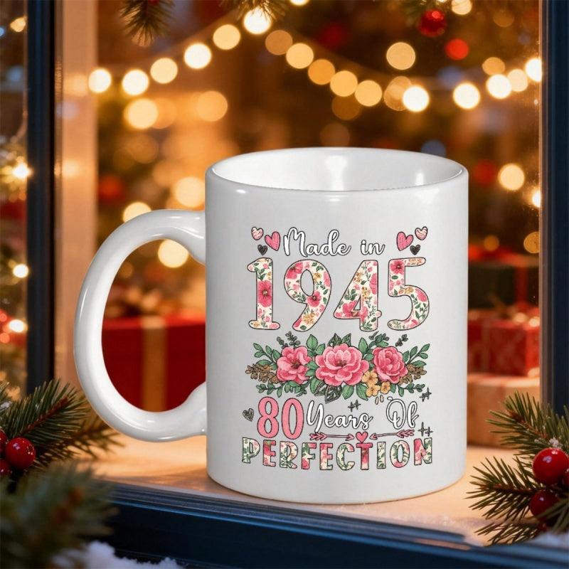 Tailorly White Ceramic 11 oz Mug - Made In 1945 80 Years Of Perfection Elegant Pink Roses Nestled Between Delicate Green Leaves And Hearts Mug