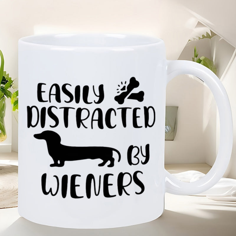 Tailorly White Ceramic 11 oz Mug - Easily Distracted By Wieners Minimalist Black Silhouette Of A Long Bodied Sausage Dog