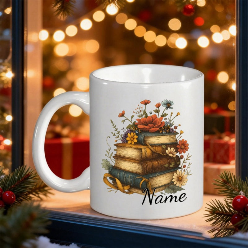 Tailorly White Ceramic 11 oz Mug - Name Stacked Vintage Antique Books With Colorful Blooming Flowers And Delicate Garden Greenery Books