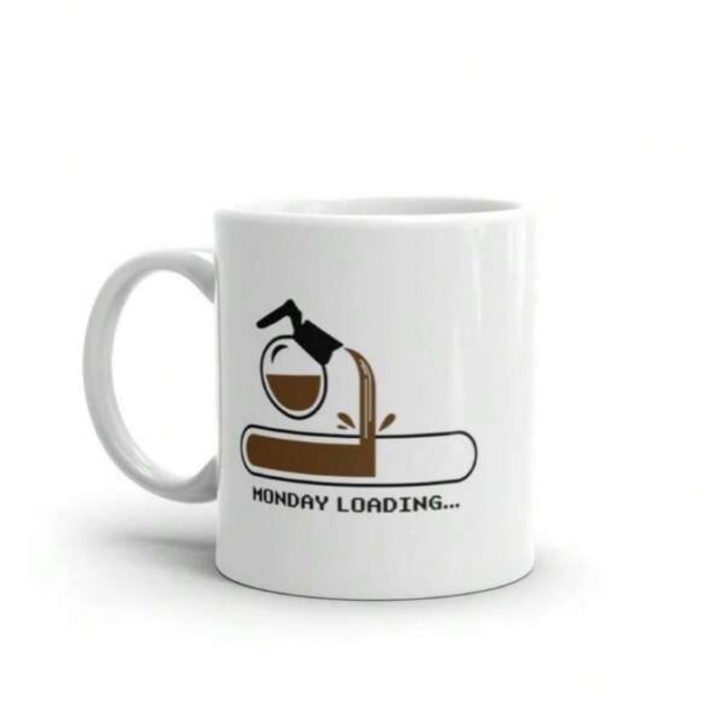 Tailorly White Ceramic 11 oz Mug - Monday Loading Coffee Pot Pouring Dark Liquid Into Minimalist Digital Loading Bar Mug